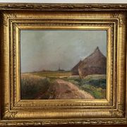 Painting: Oil on panel - landscape with haystacks