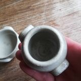 Set of 2 small glazed beige stoneware pots with handles