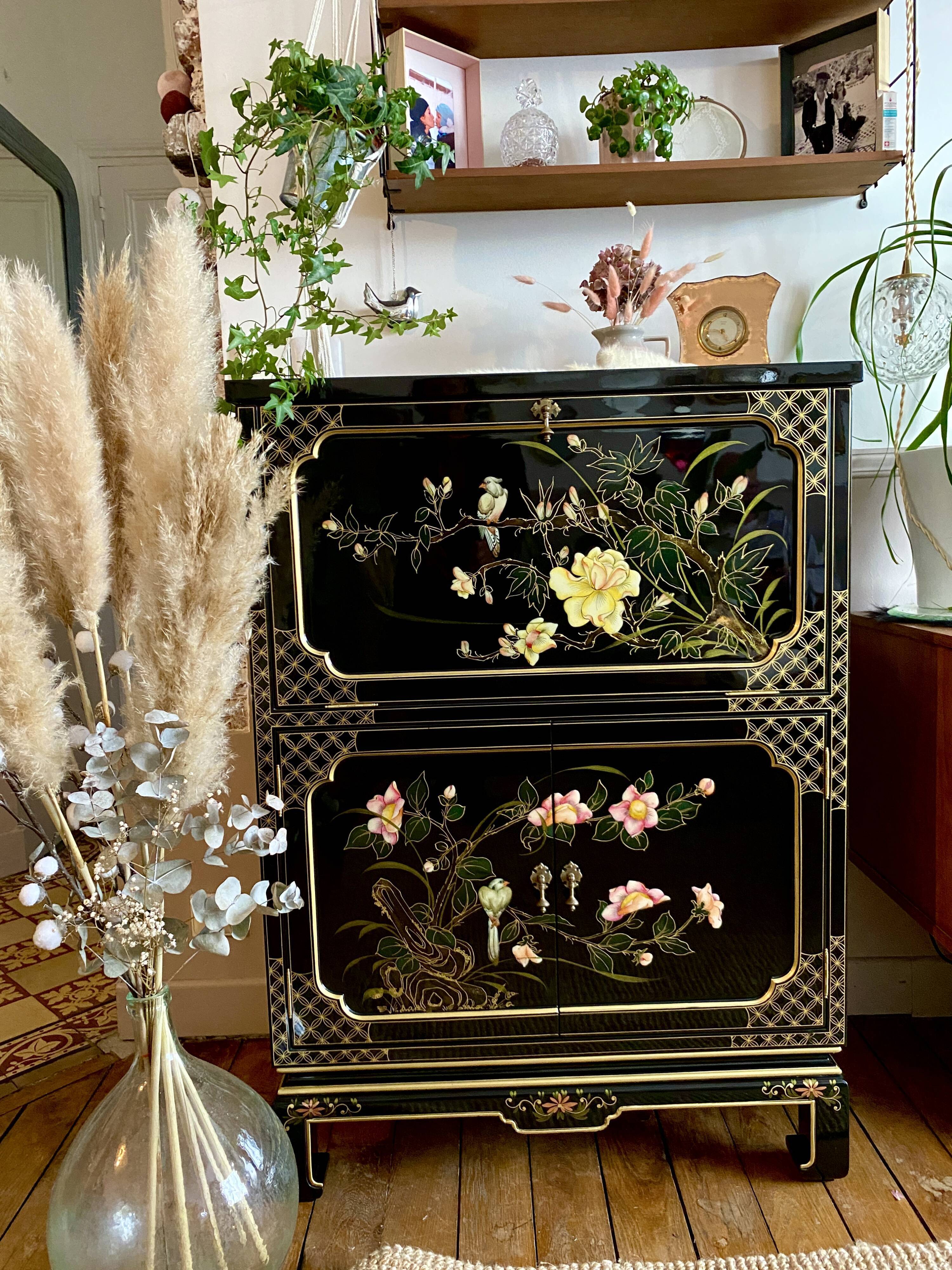 Chinese secretarial cabinet lacquered black Asian