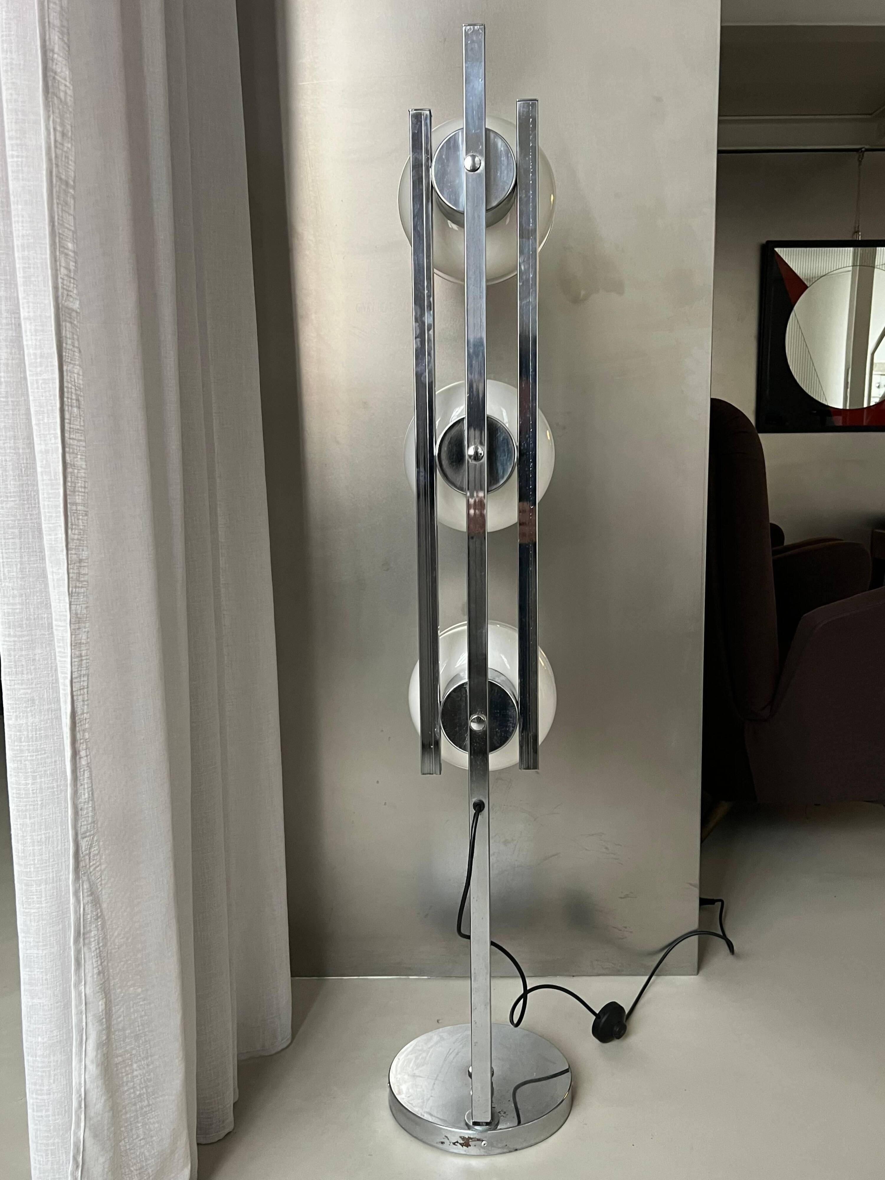 Vintage Italian Floor Lamp in Chromed Metal and Glass with Three Faded Shades