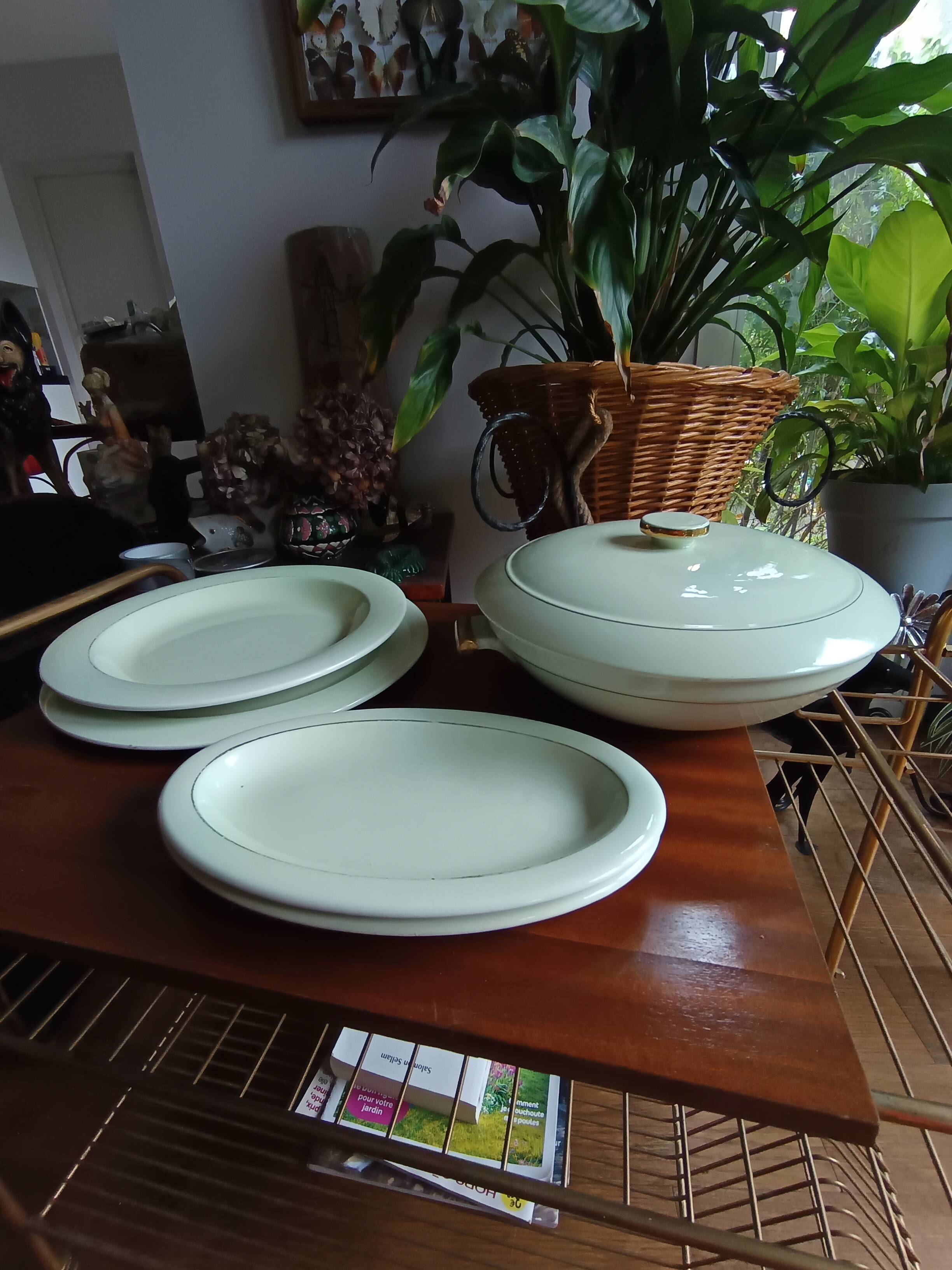 Vegetable dish with 2 platters and 2 small dishes, Salins earthenware, pale green Opaceline