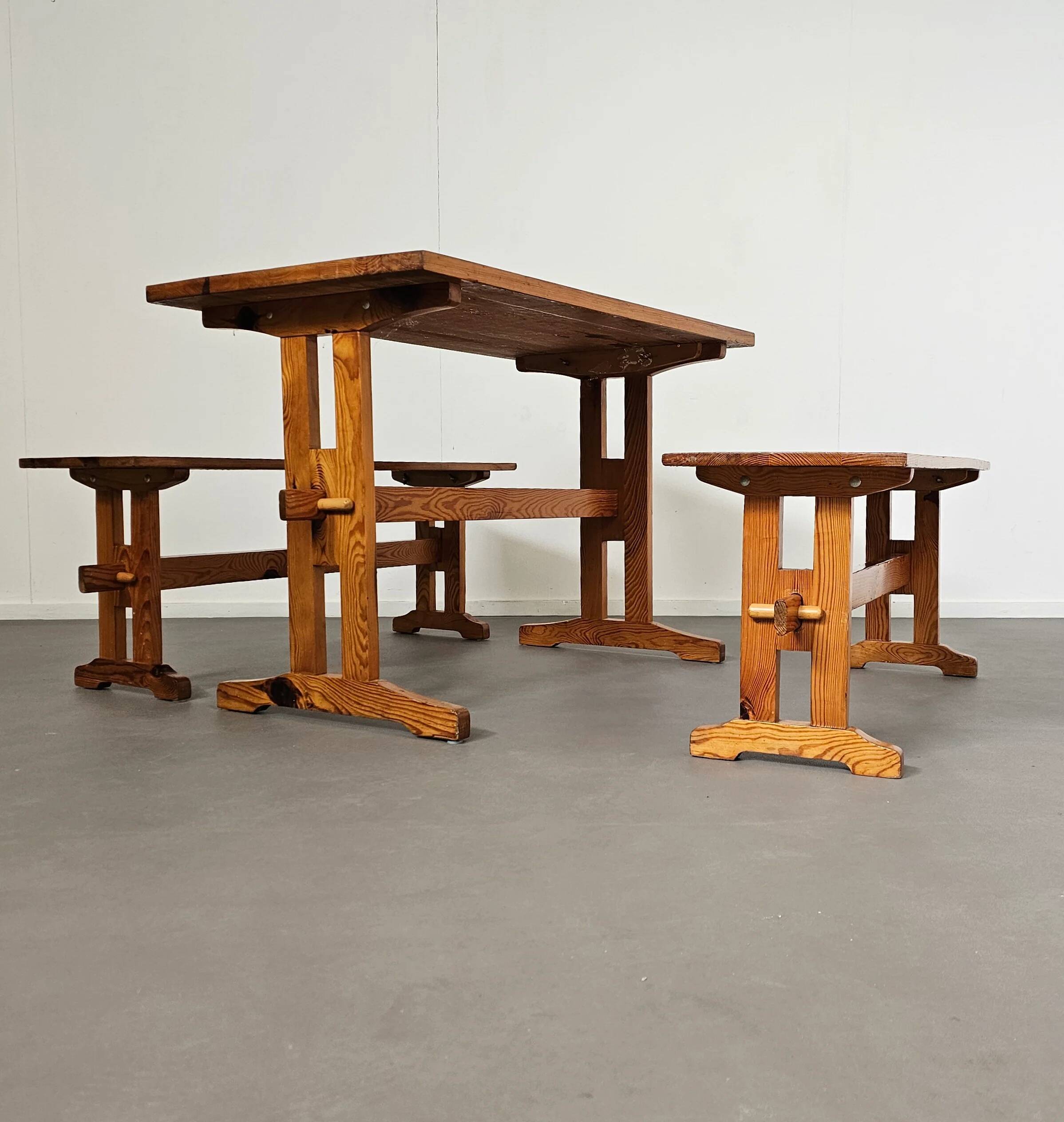 Scandinavian modern solid pinewood benches and dining table, 1970s