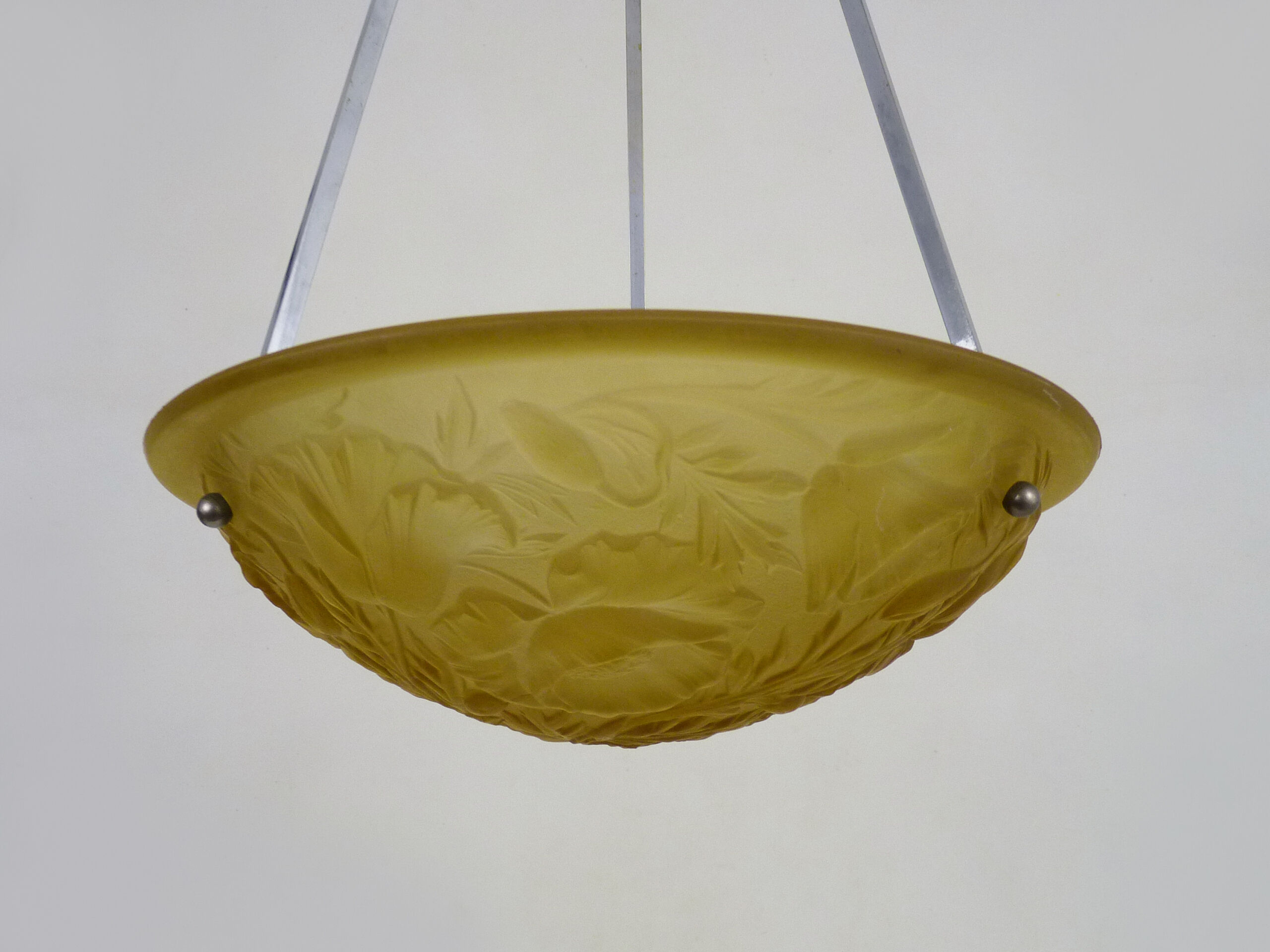 Old chandelier, suspension basin art deco 1 fire, in yellow glass paste