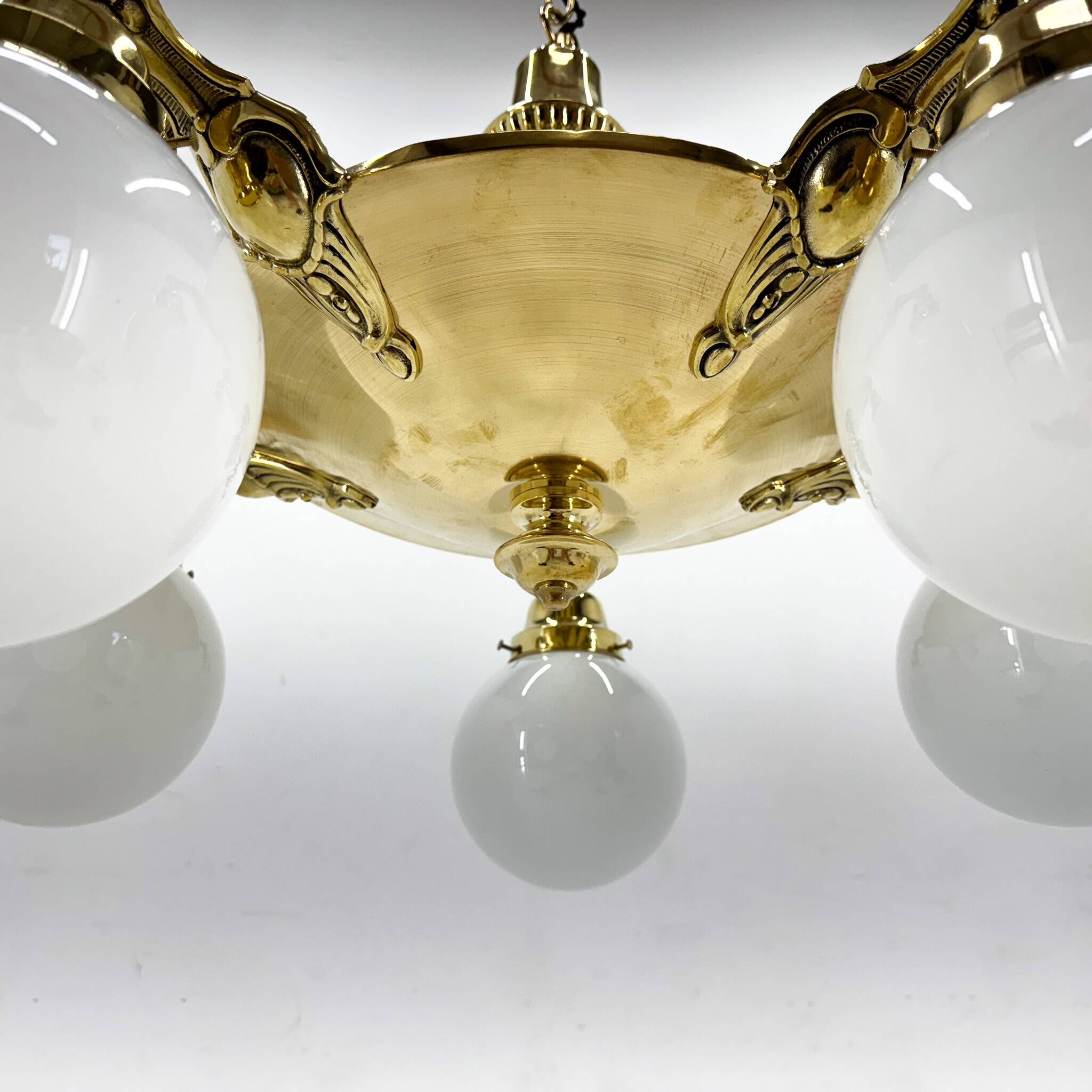 Large Art Deco Bras Chandelier, Restored