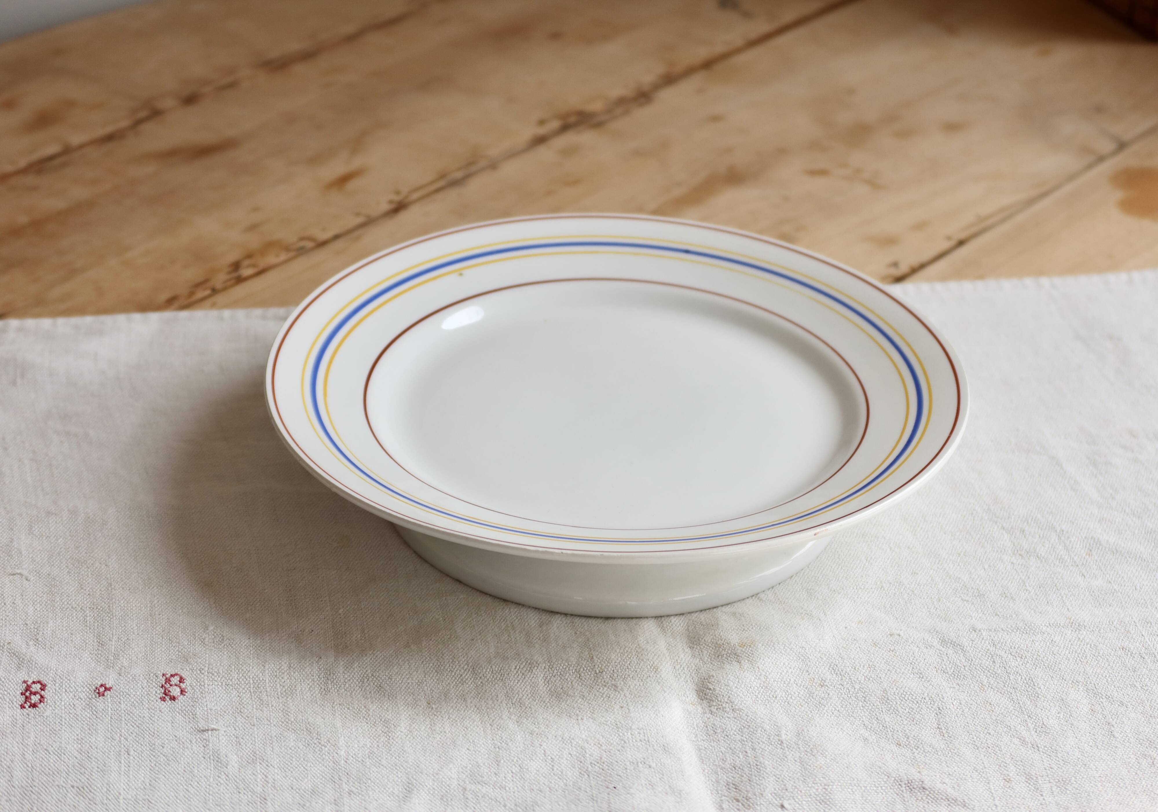 Vintage compote dish Céranord Saint-Amand red blue yellow stripes