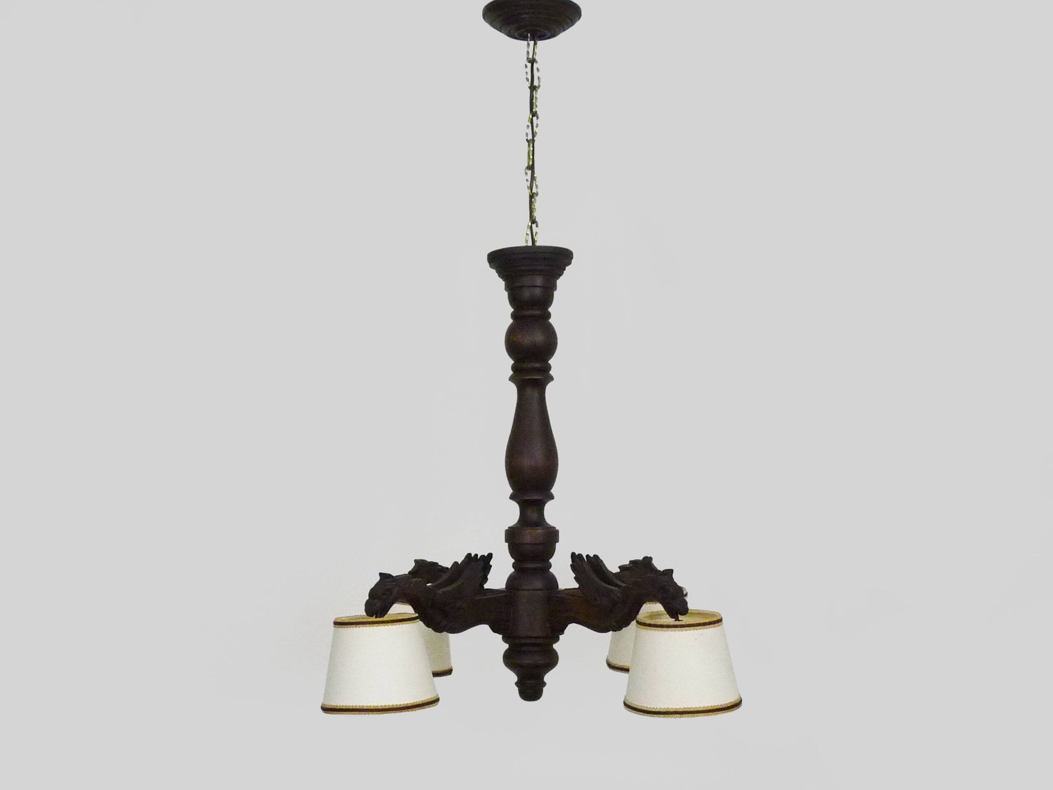 Antique hand-carved wooden dragon chandelier with 4 lights from the 1950s
