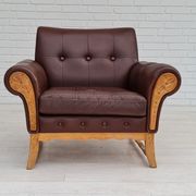 Fauteuil danois vintage, années 1970, cuir, bois de chêne