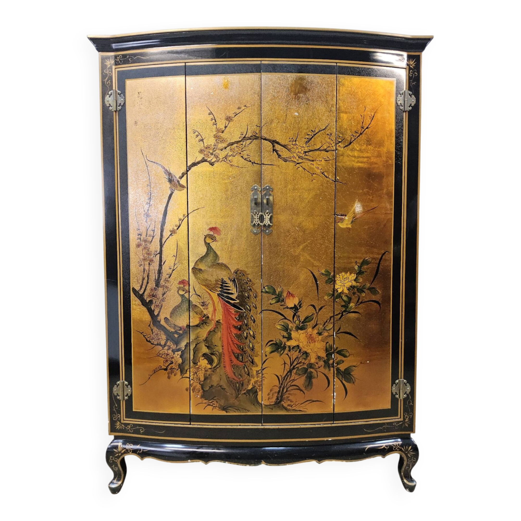 Vintage Chinese cabinet with gold leaf, flowers and peacock/ bohemian