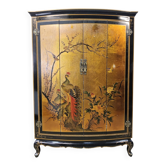 Vintage Chinese cabinet with gold leaf, flowers and peacock/ bohemian