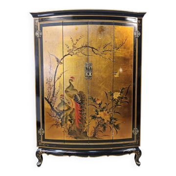 Vintage Chinese cabinet with gold leaf, flowers and peacock/ bohemian