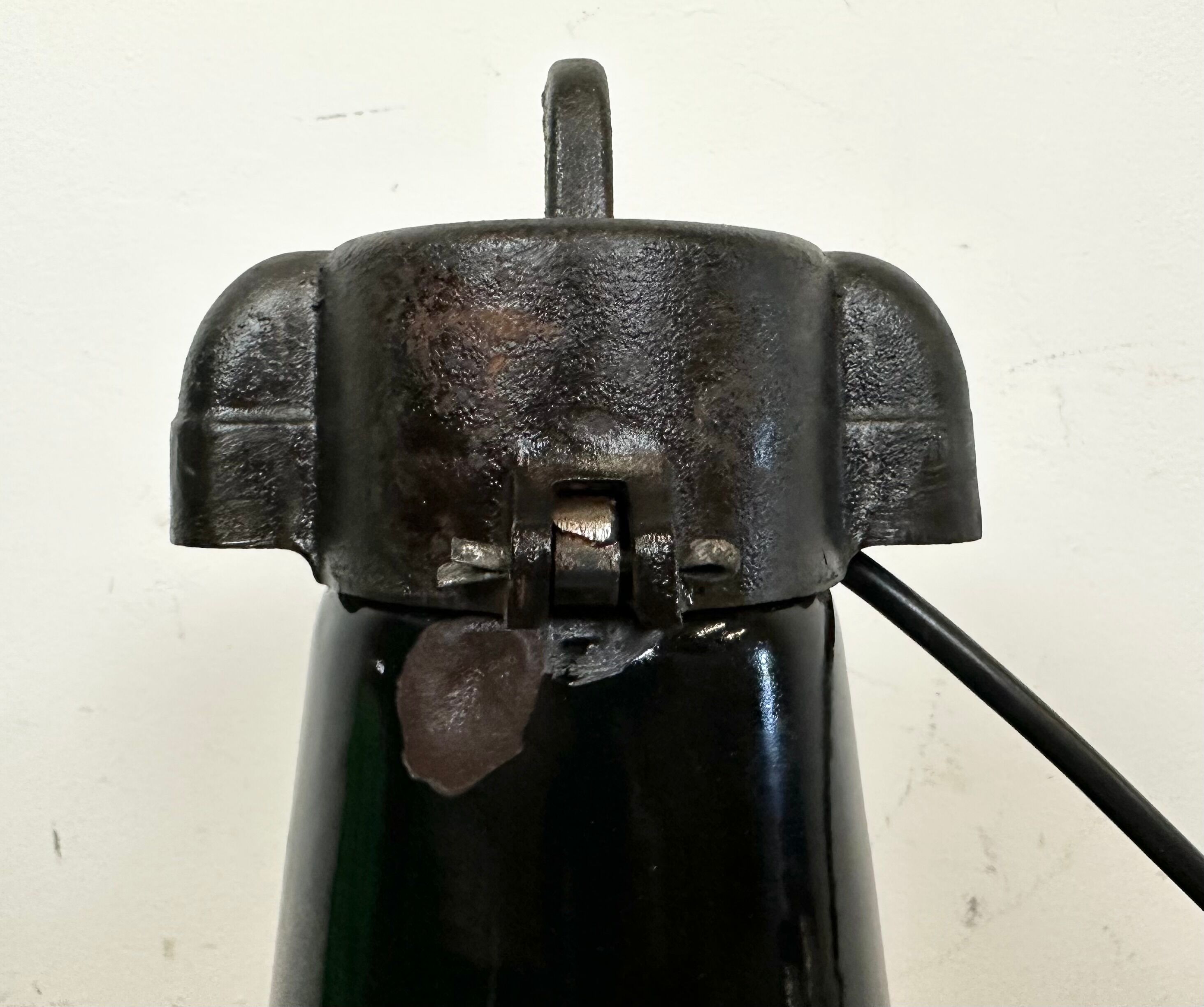 Industrial Black Enamel Factory Lamp with Cast Iron Top, 1950s