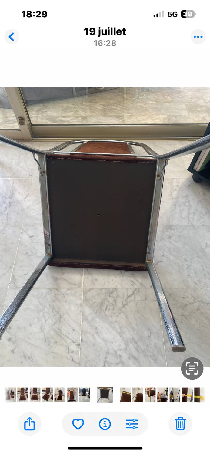 Quatre chaises chrome et velours ras marron design 70