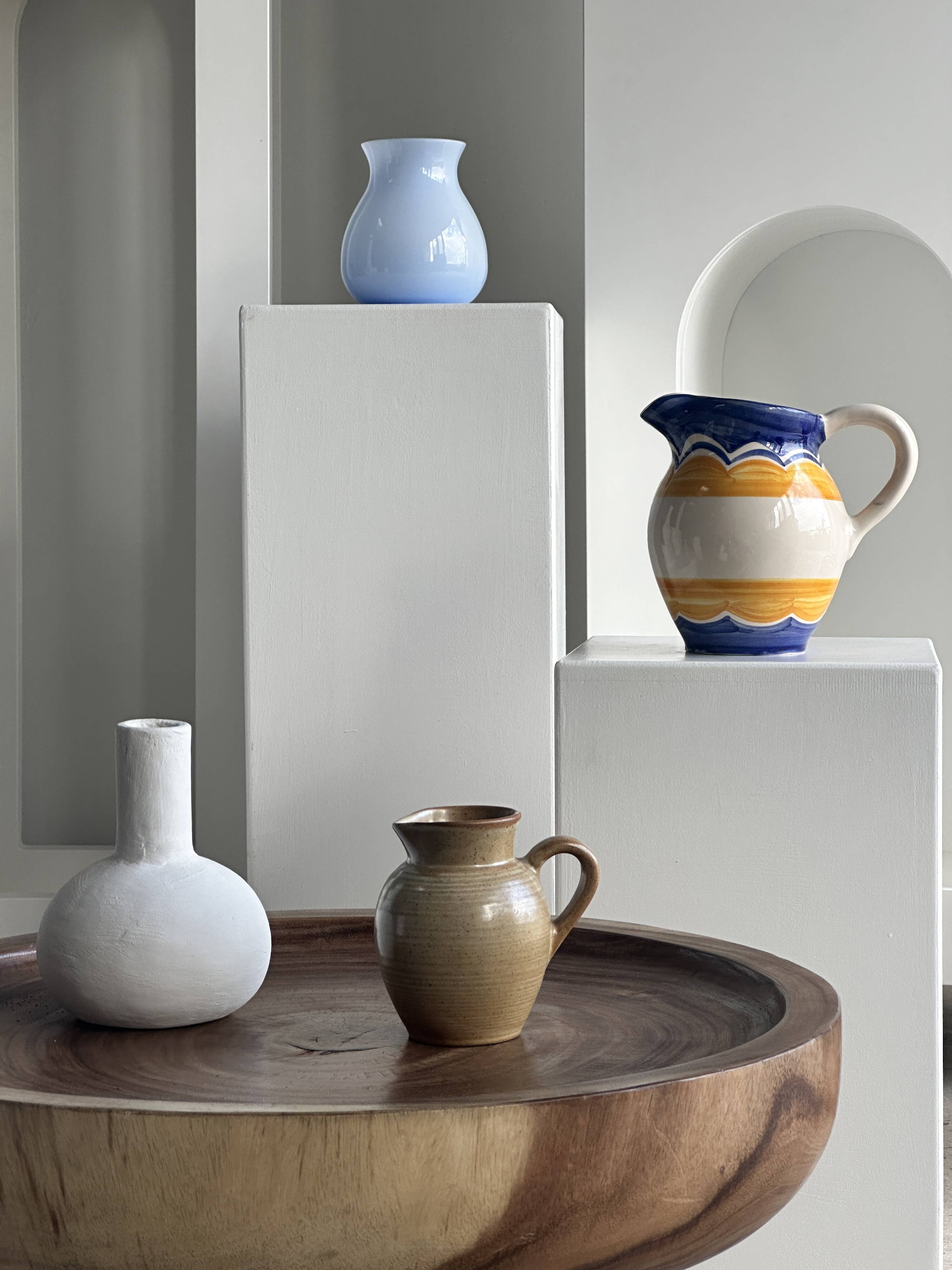 Large blue and yellow hand painted carafe H:20cm