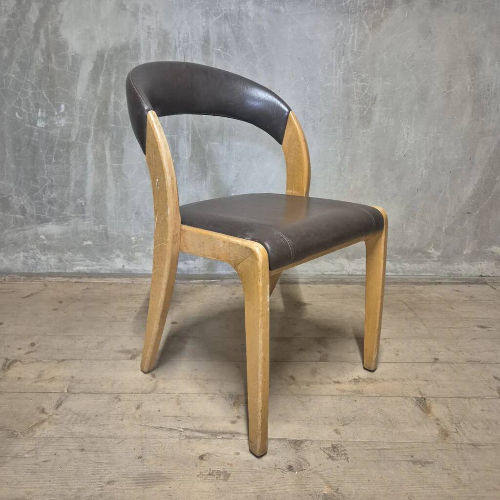 Vintage Curved-Back Dining Chair, Wood & Leatherette, Czechoslovakia, 1970s
