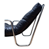 Pair of vintage armchairs in black imitation leather and chrome metal, France 1970