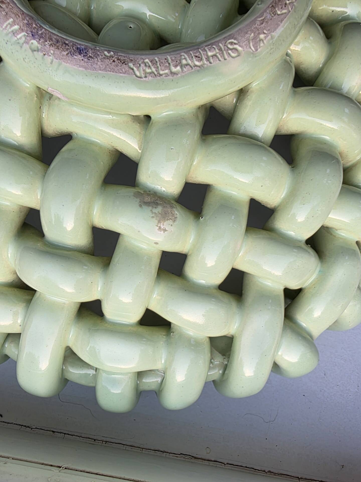 Light green woven ceramic basket Jérome Massier Vallauris