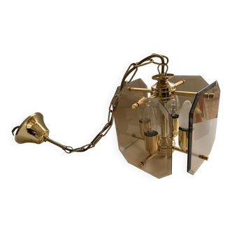 4-light hanging gold chandelier with smoked glass plates