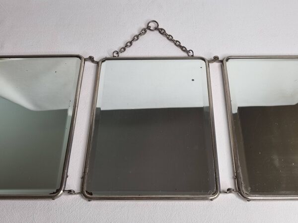 Ancien miroir de barbier triptyque, cadre métal et dos simili cuir 1930