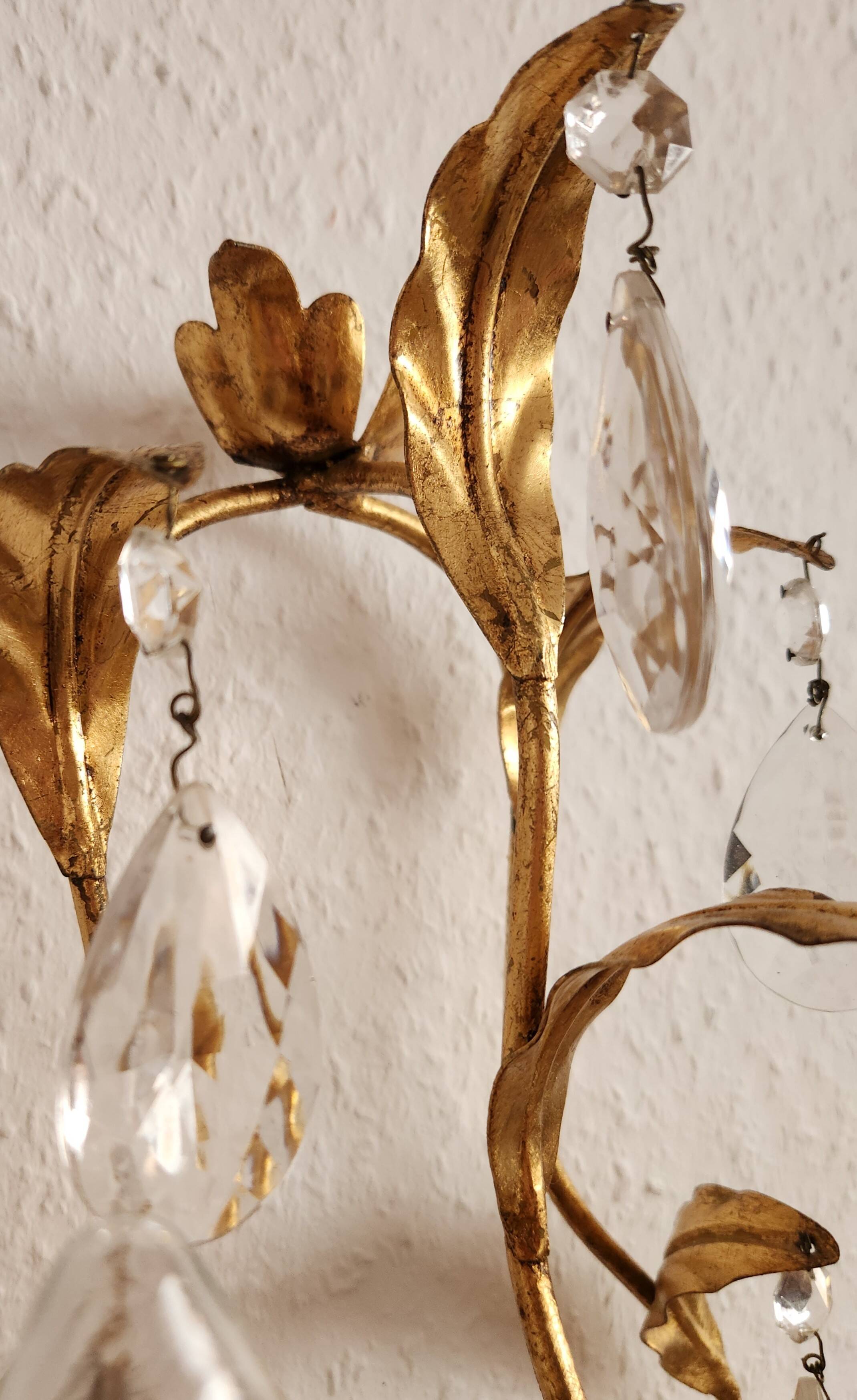 Hand-forged wall lamp gilded with gold leaf and crystals, Italy
