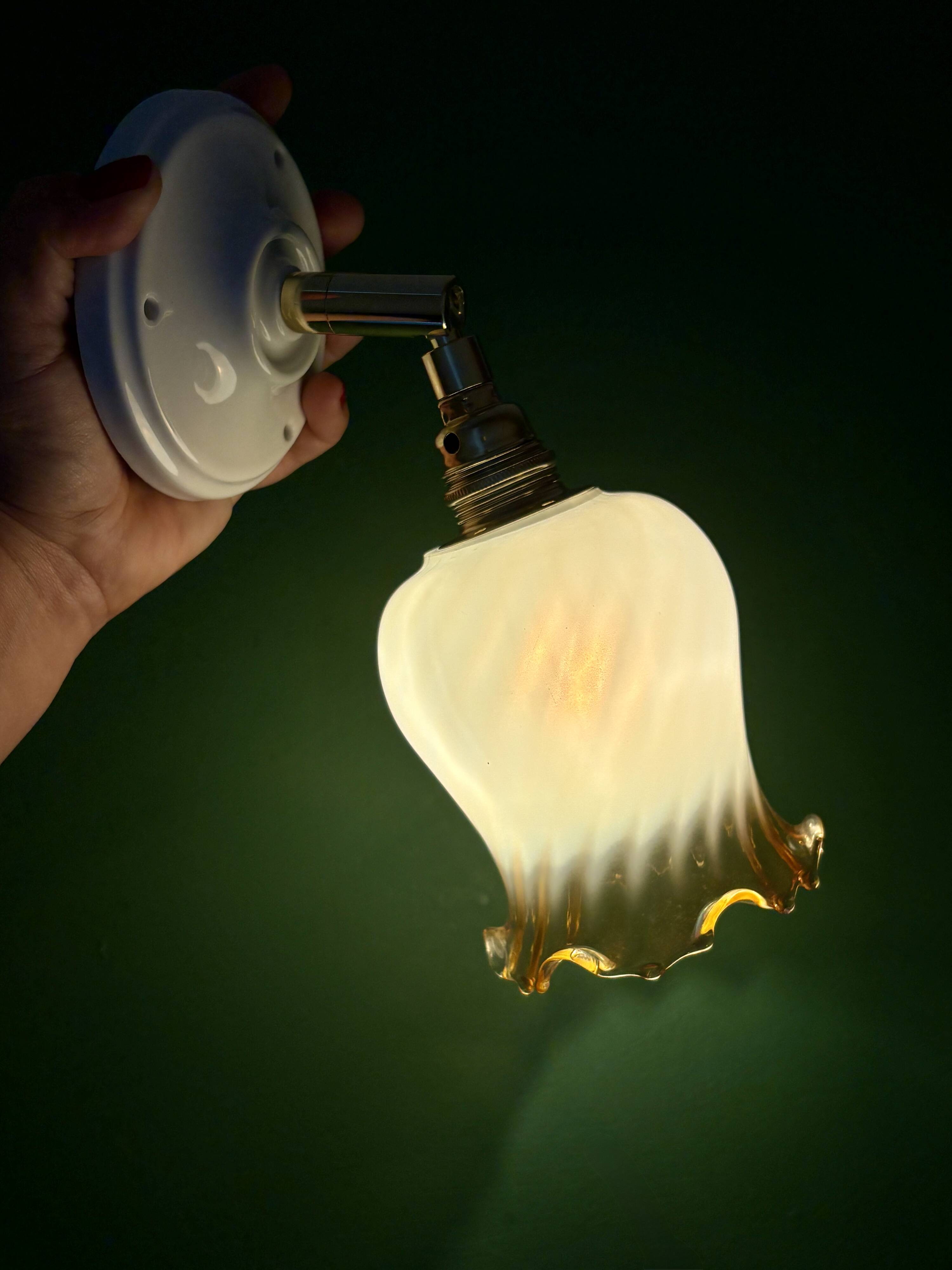 Vintage tulip wall light in white and amber glass