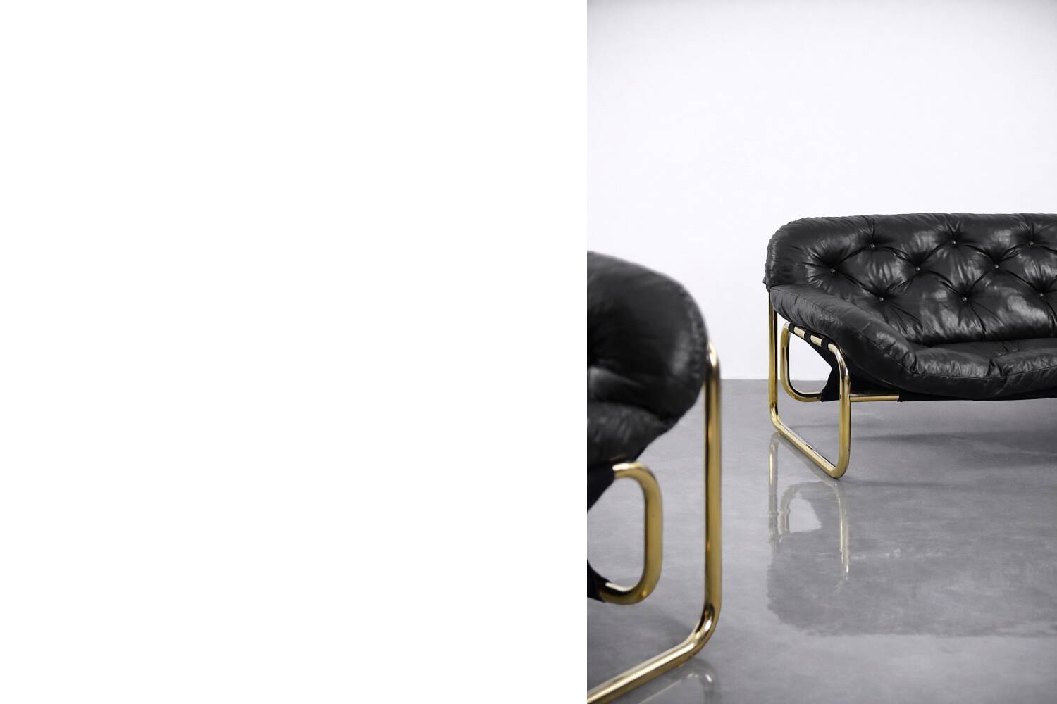 Vintage Mid-Century Scandinavian Modern Glamour Leather Black & Gold Sofa