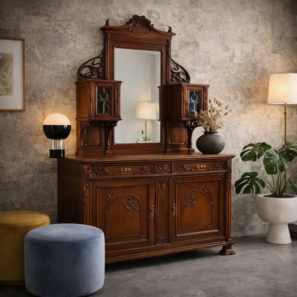 Antique Art Nouveau walnut buffet with decorations, Italy, 19th century.