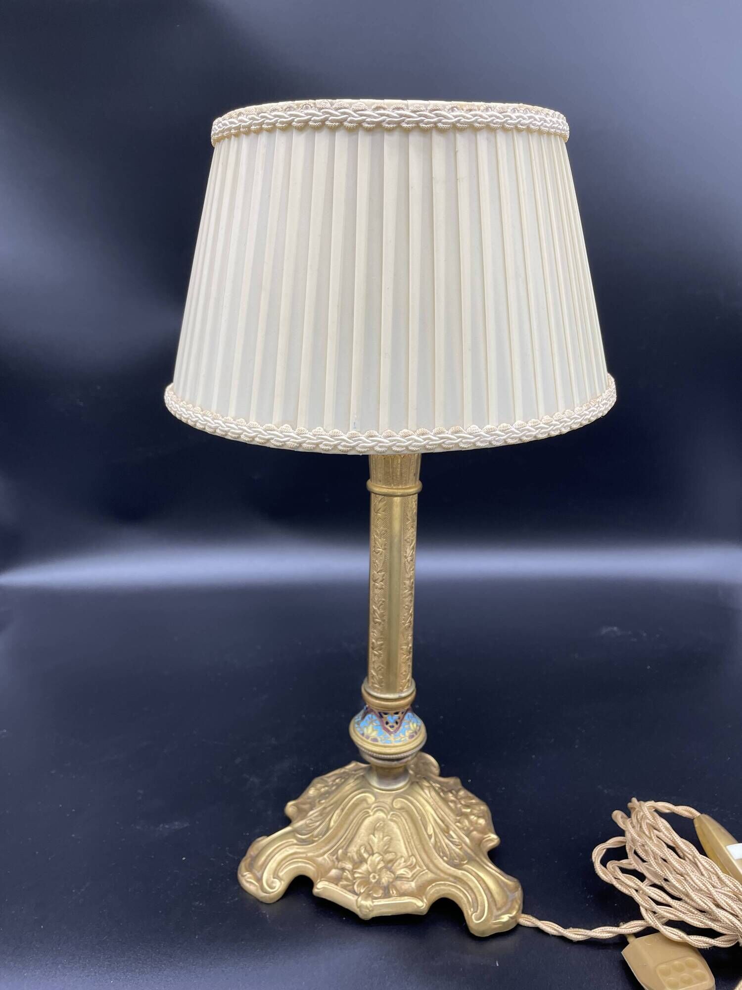 Antique, lamp, bronze, candle holder, gold, cloisonné enamel, ecru white lampshade, flower decor, leaf