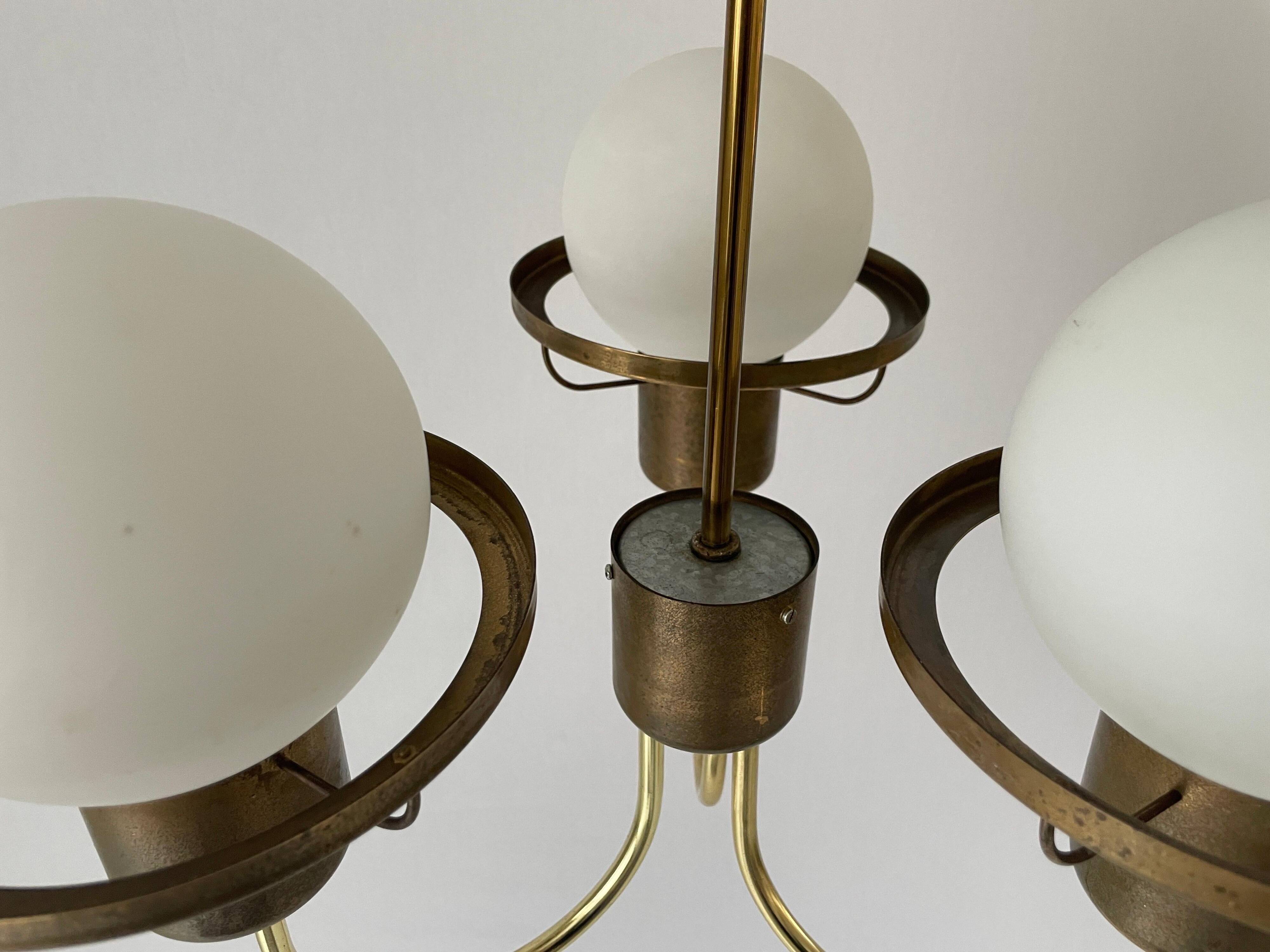 Suspended lamp with 3 glass balls and brass frame, Germany, 1960s