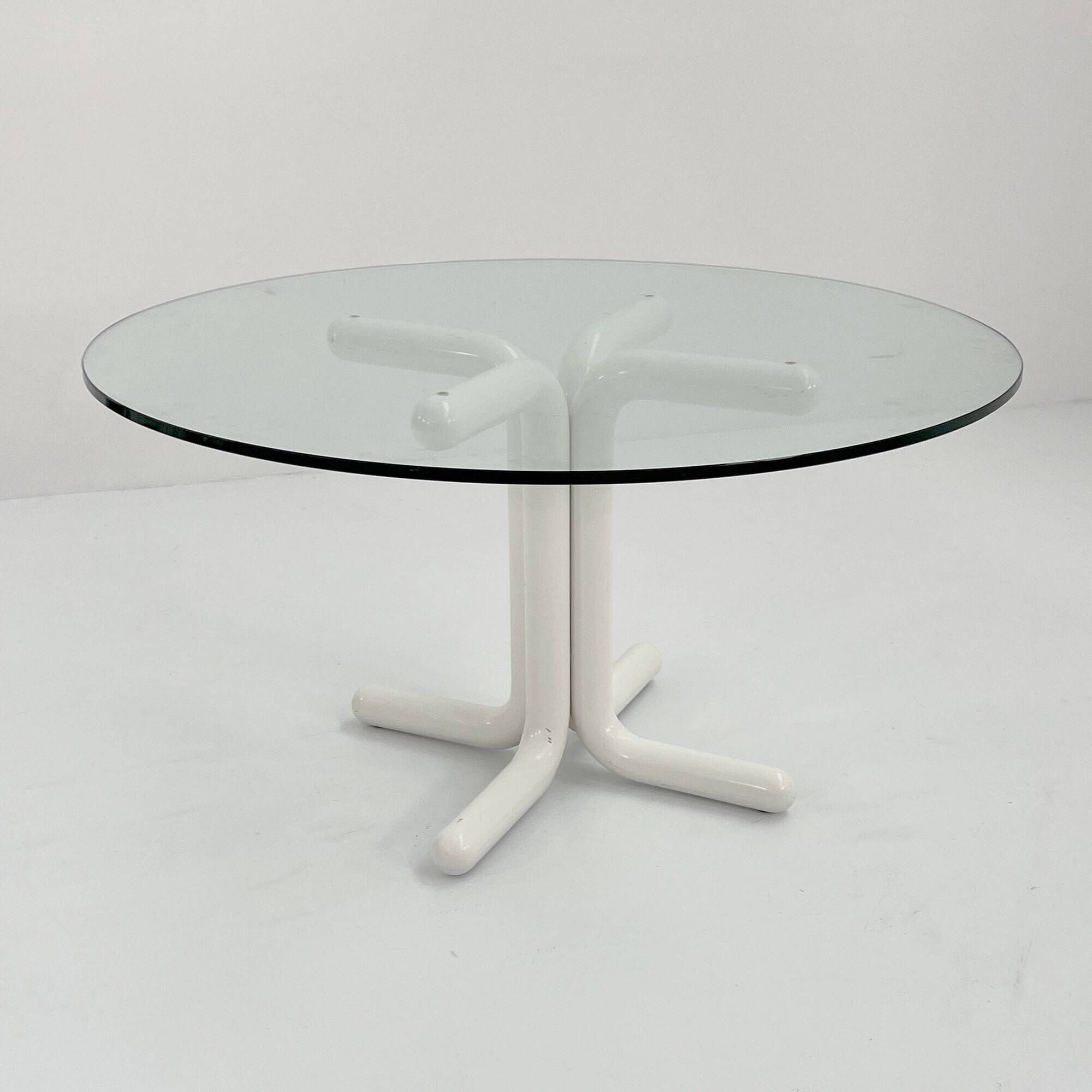 135 cm dining table with thick rounded white wooden legs and glass top, 1980