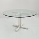 135 cm dining table with thick rounded white wooden legs and glass top, 1980