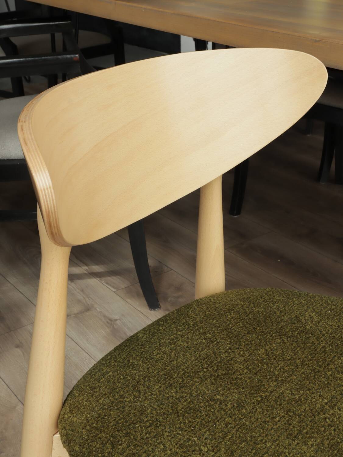 Natural Dining Chair with green upholstery, new modern design vintage style