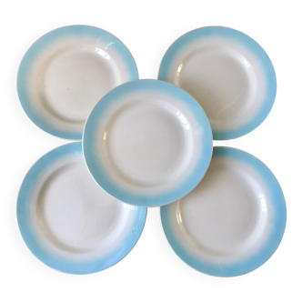set of 5 pastel gradient sky blue dessert plates from the 40s and 50s