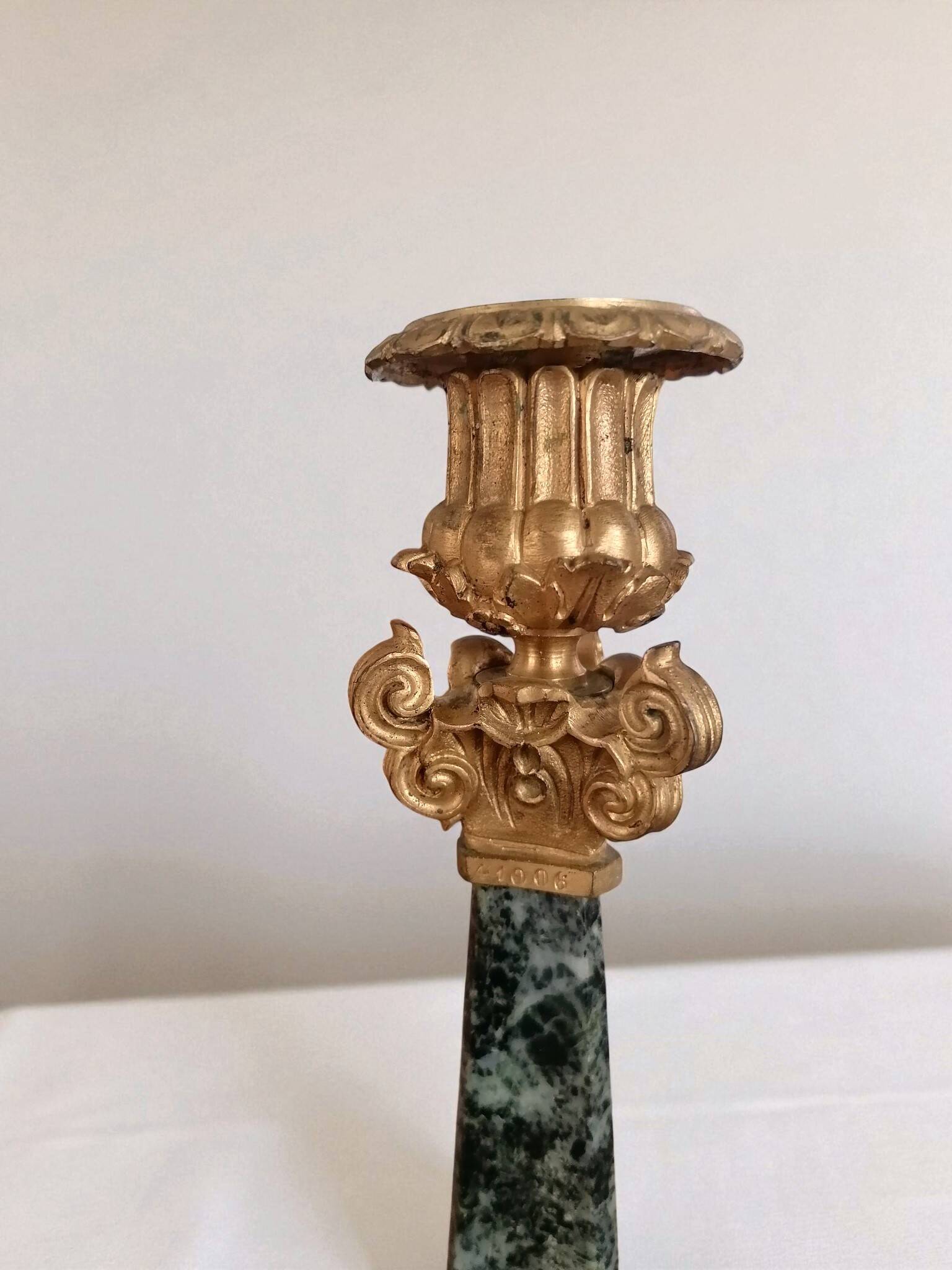 Pair of Empire/Restoration style candlesticks - green marble and bronze.