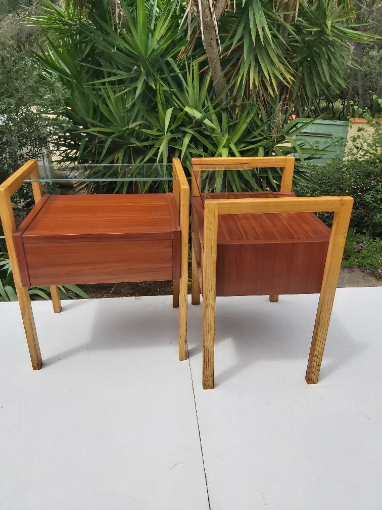 Pair of bedsides wood and glass 50s