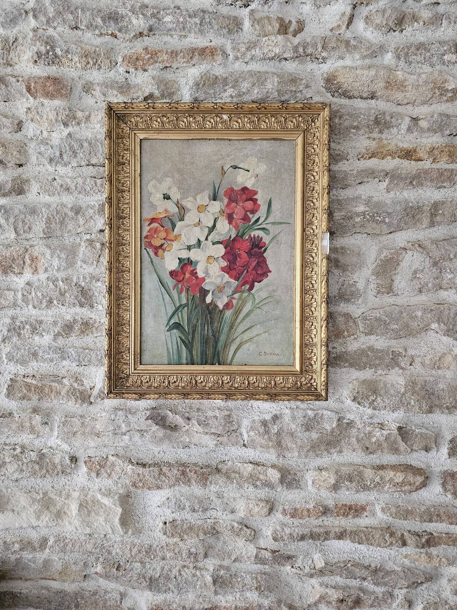 Oil on Canvas Painting - Still Life Flowers Bouquet with Dahlias Signed C D