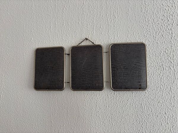 Miroir vintage 1960 triptyque barbier simili crocodile bleu barbeau - 20 x