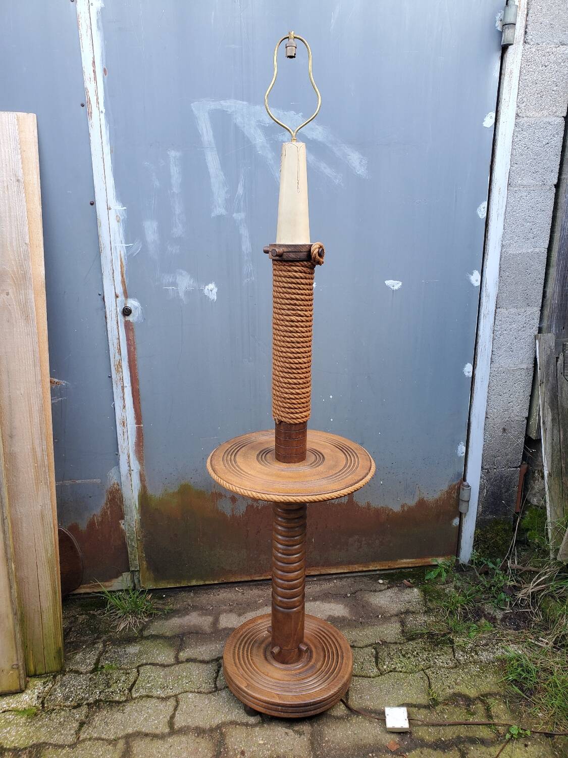 Turned wood and rope floor lamp in the Charles Dudouyt style