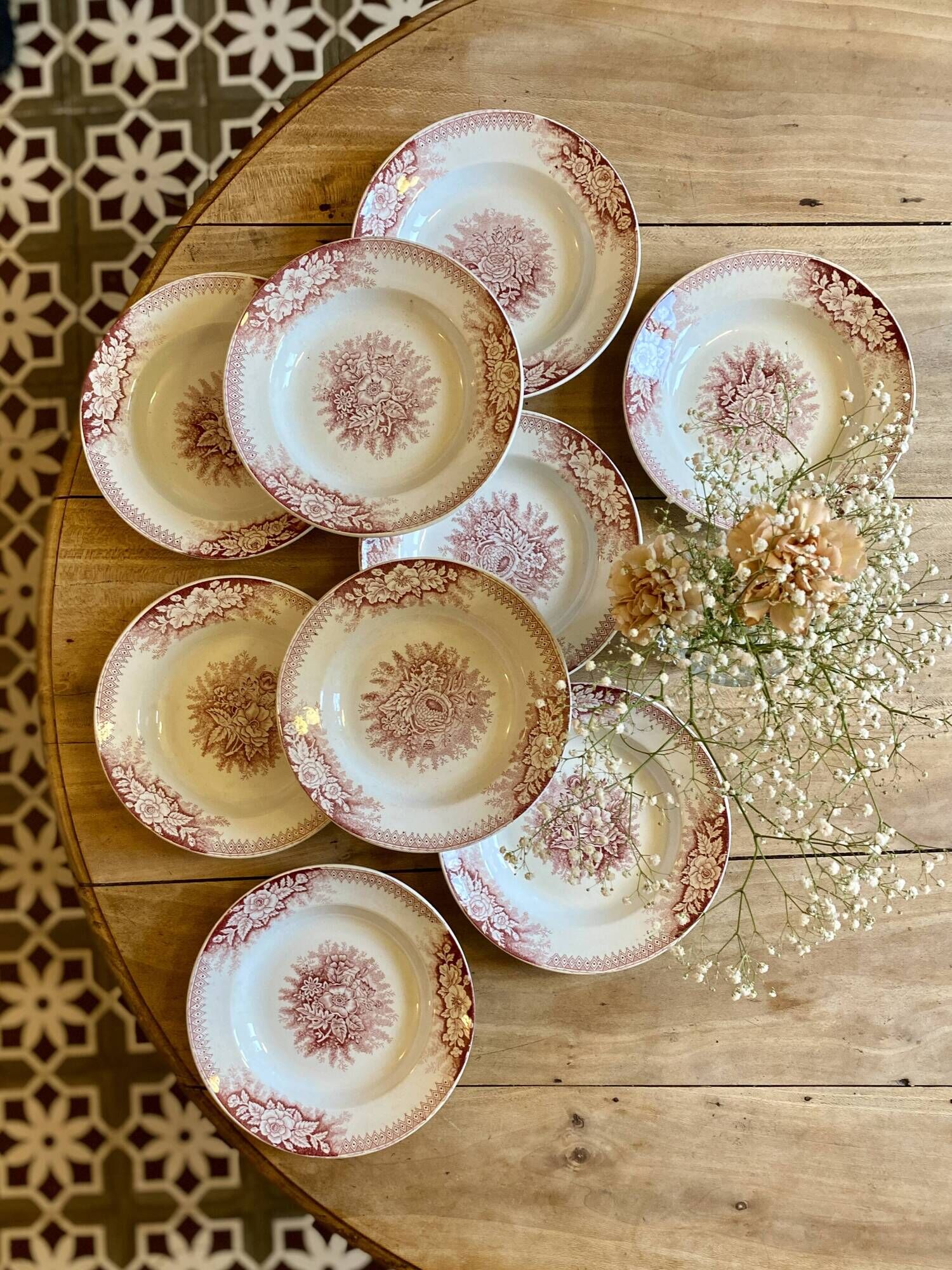 Set of 9 old ironstone hollow plates - Jardinière de Saint Amand