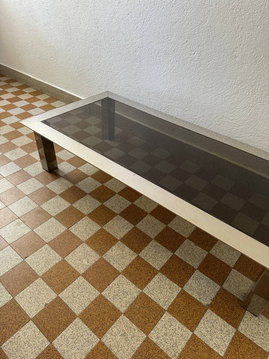 Rectangular coffee table in chrome steel and smoked glass from the 70s