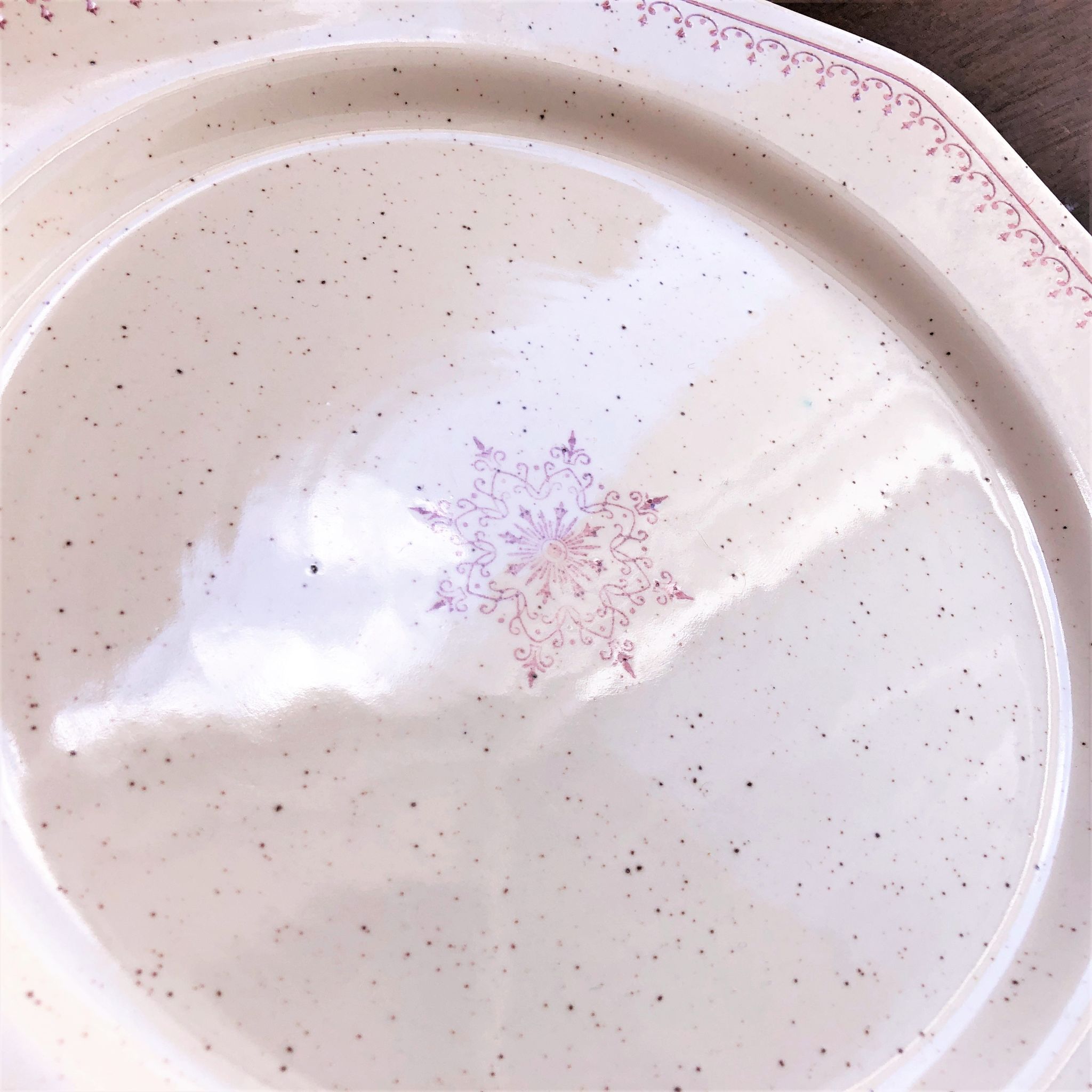 Old pink speckled beige dessert plate from the Dentelle St Amand collection