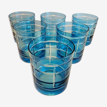 6 glasses of colour-cut blue whisky cups