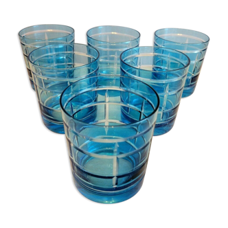 6 verres gobelets whisky bleus taillés couleur