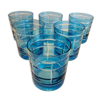 6 glasses of colour-cut blue whisky cups