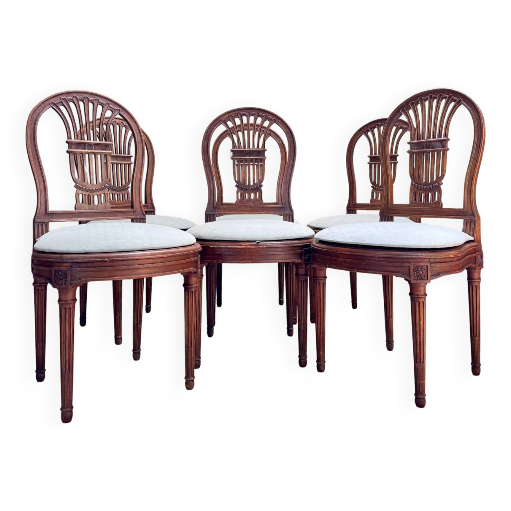 Set of six Louis XV style natural wood sheaf back chairs
