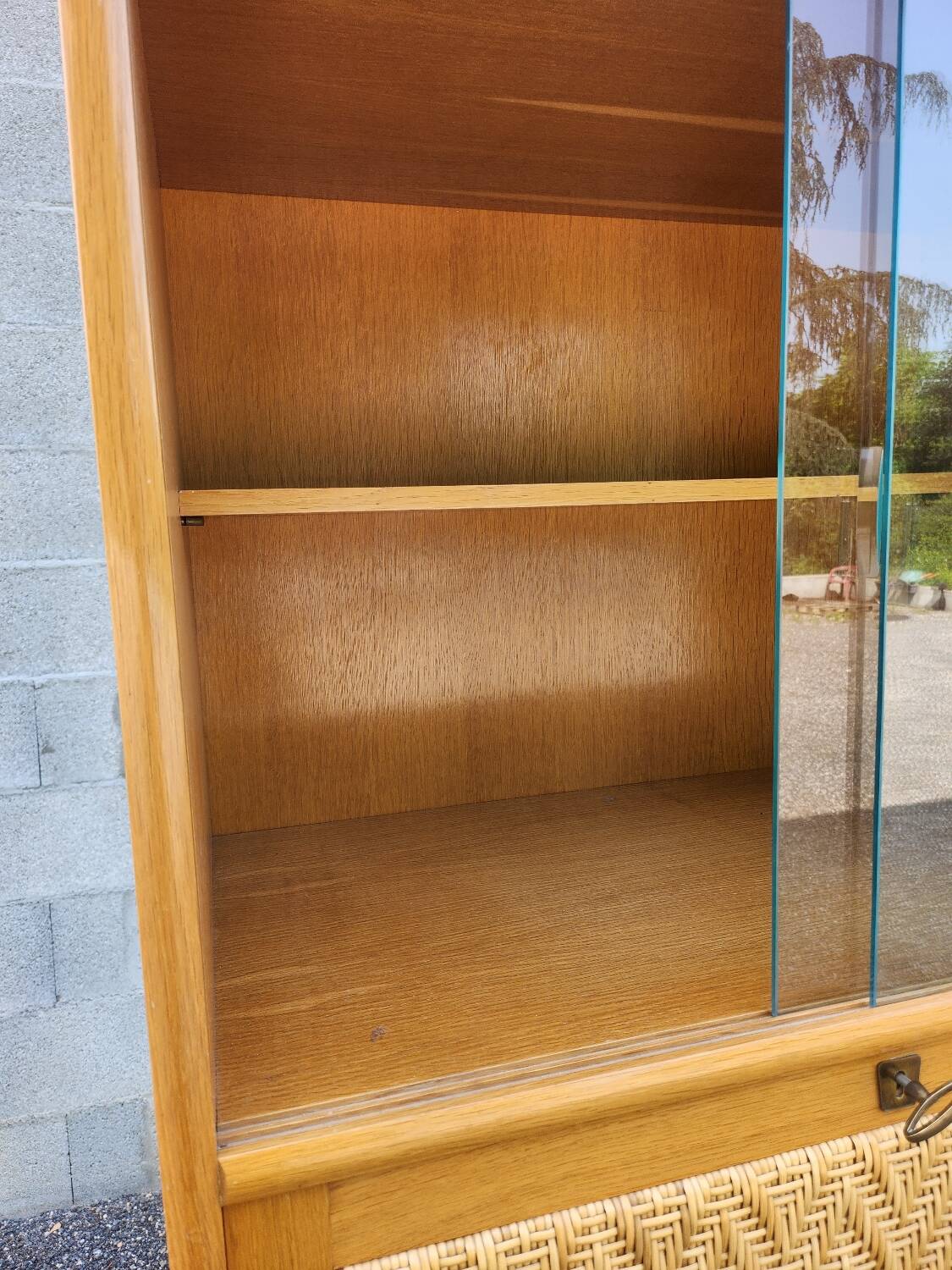 Old vintage rattan oak secretary desk bookcase