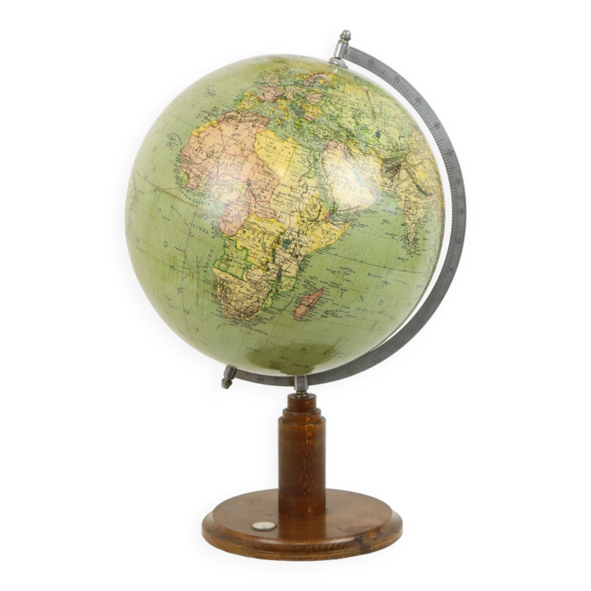 Globe terrestre vintage avec boussole sur socle en chêne, datant des années 1940.