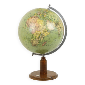 Vintage globe with compass on oak base from the 1940s