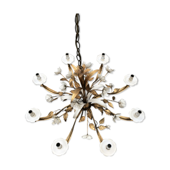 8 lights golden leaves and white flowers chandelier
