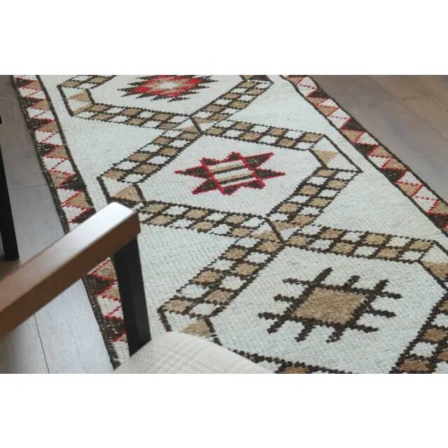 1970s Vintage Turkish Hand-Knotted Wool Cotton Beige Runner Rug 86x375