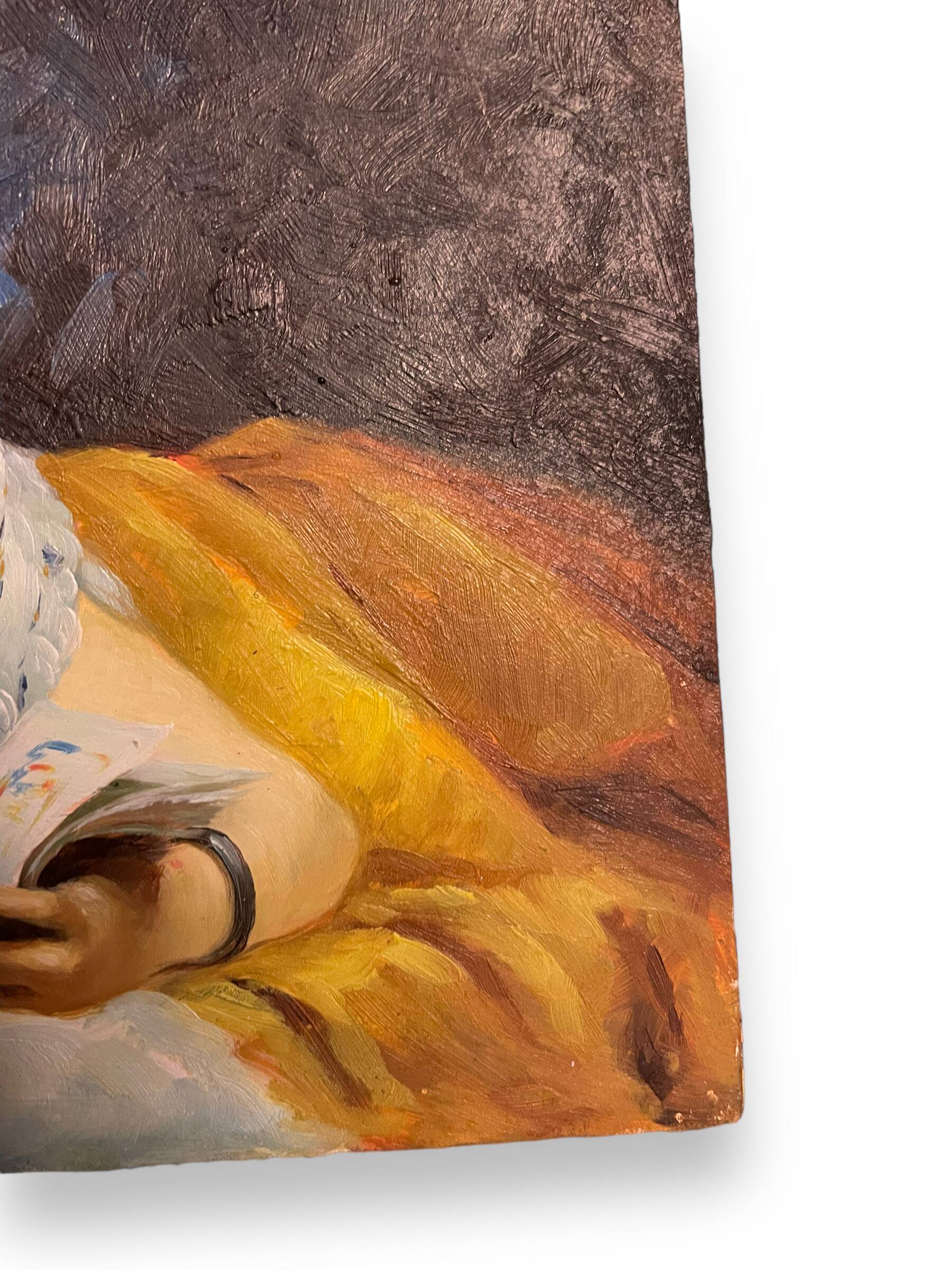 Young woman lying reading oil on panel